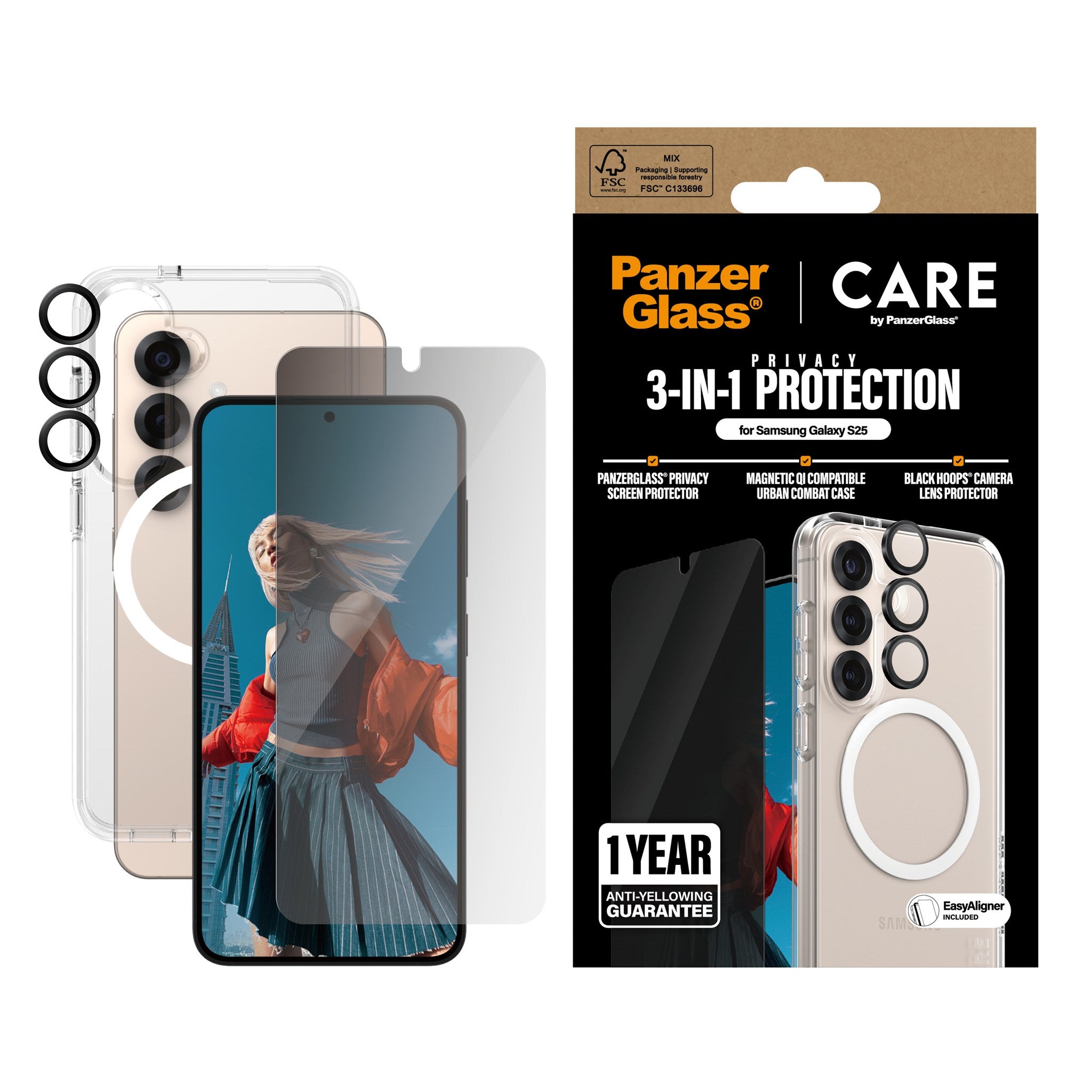PanzerGlass® | CARE by PanzerGlass® Urban Combat 3-in-1 Privacy Pakke Samsung Galaxy S25